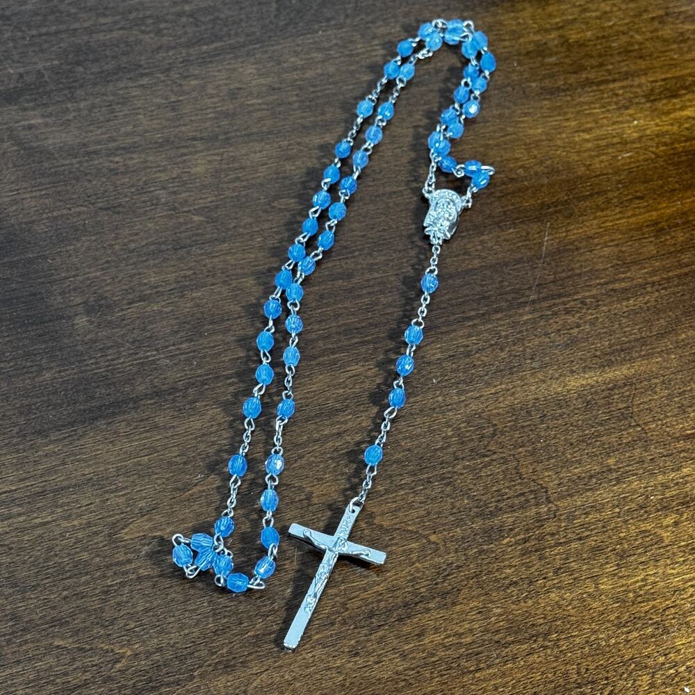 Vintage Catholic Rosary Blue Faceted Plastic Beads Silver Tone Crucifix Mary